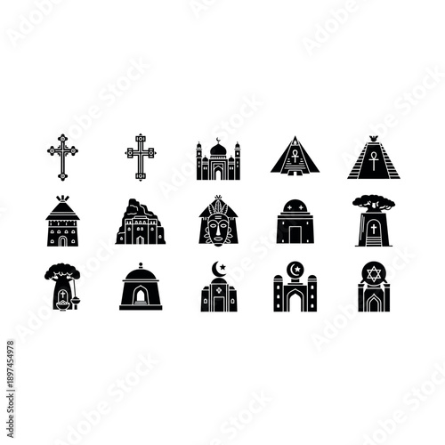 Illustrations of various religious buildings and symbols from around the world are displayed.