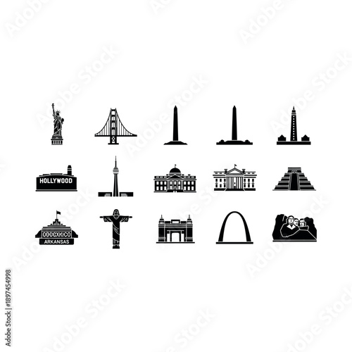 Monumental landmarks icons showcase global travel destinations and architecture