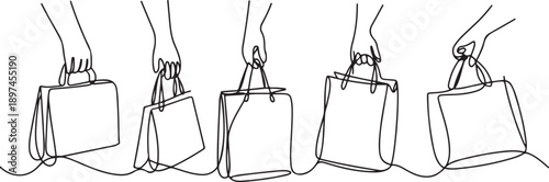 set of drawing of hands carrying shopping bag in continuous one line drawing style.one line victor illustration in white Background.