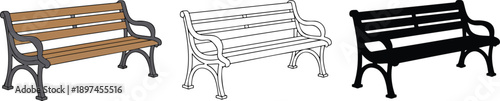Outdoor park bench silhouette & Outline and illustration set isolated on transparent background