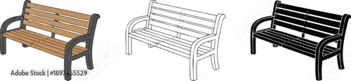 Outdoor park bench silhouette & Outline and illustration set isolated on transparent background