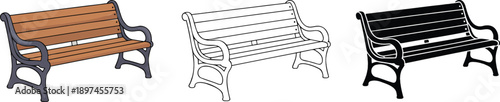 Outdoor park bench silhouette & Outline and illustration set isolated on transparent background