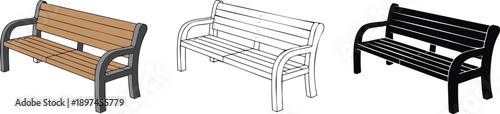 Outdoor park bench silhouette & Outline and illustration set isolated on transparent background