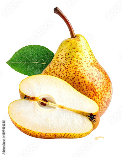 Yellow-red pear, sliced open, with leaf, against a transparent background