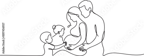 Pregnant women with husbands, family, children, baby set one line art. Continuous line drawing.one line victor illustration in white Background.