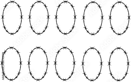 Set of oval barbed wire frames in hand drawn grunge style for danger warning abstract vector illustration