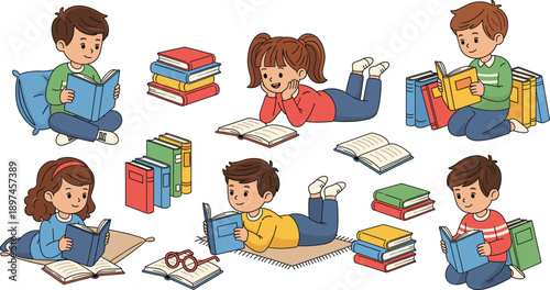 Kids Reading Books Illustration Set Showing Children Studying, Lying, and Sitting with Book Stacks for Education and Learning Design