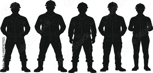 Construction Worker Silhouette Icon Set Featuring Male and Female Laborers in Safety Helmets, Industrial Workwear, and Standing Professional Poses