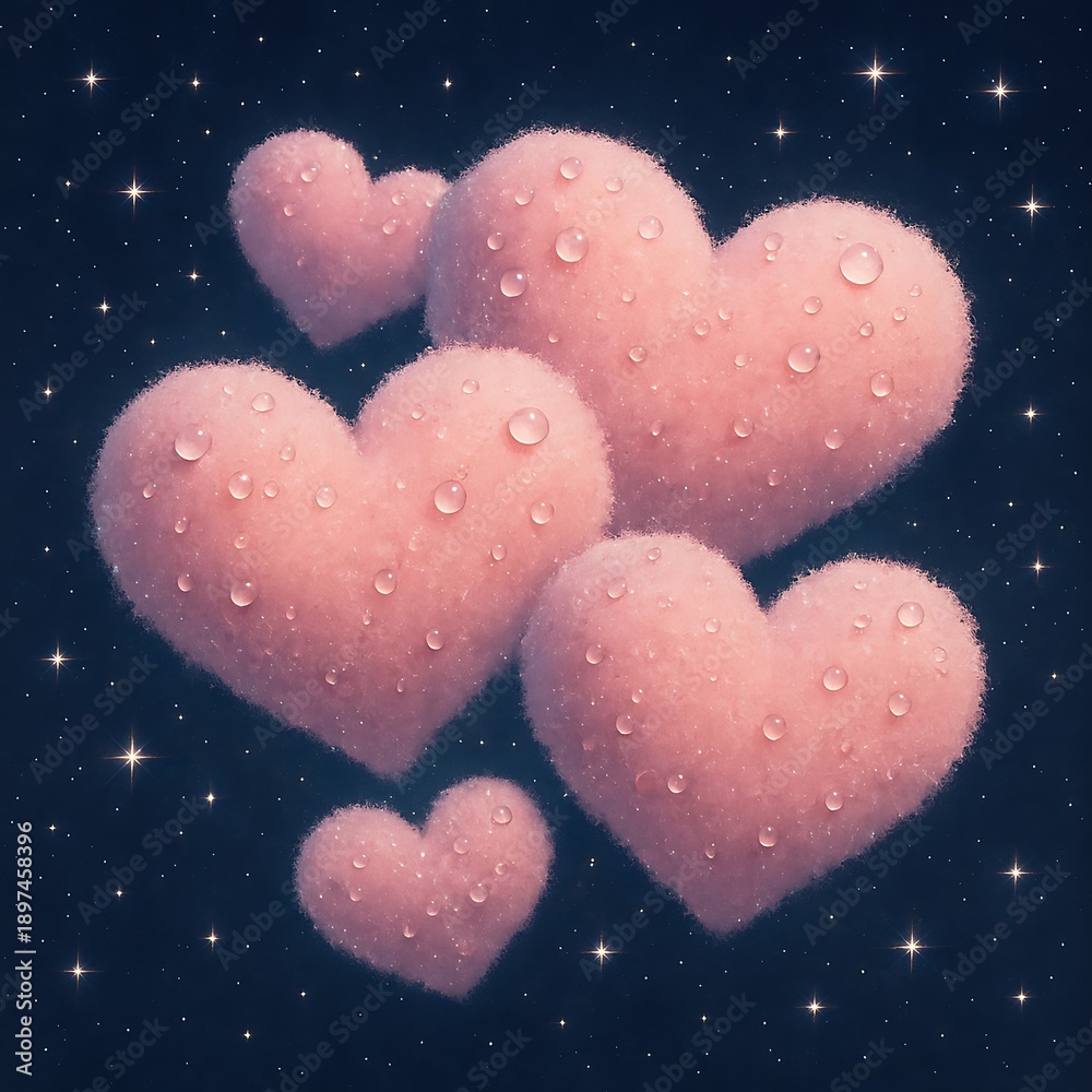 Obraz premium Fluffy Pink Hearts Floating in Dreamy Starry Sky