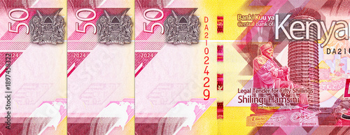 Cuadro en lienzo Banknote 50 Shillings Kenya with the image of the statue of the first president Jomo Kenyatta and the conference center
