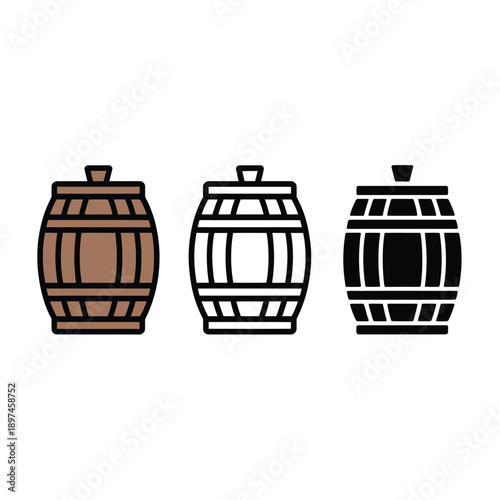 Three wooden barrels in varying styles color outline and solid