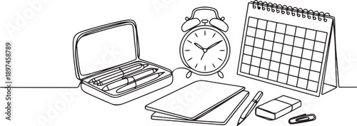 One continuous line drawing of pencil case, alarm clocks and calendar on office desk. Stationery for study and tidy on the table.one line victor illustration in white Background.