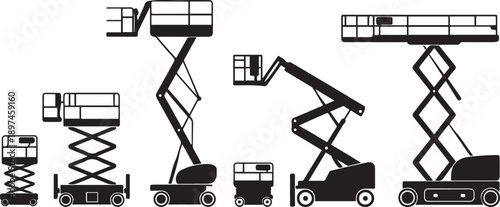 set of scissor lift machine. Vector black silhouette. victor illustration in white Background.