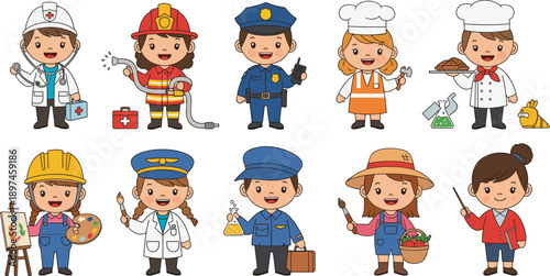 Kids Profession Characters Illustration Set Showing Children as Doctor, Firefighter, Police, Chef, Builder, and Farmer for Career Education Design