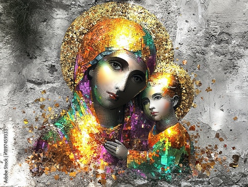 Modern icon of Mary and Child Jesus, glowing mosaic style on concrete wall, spiritual street art