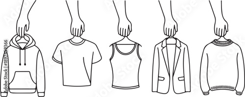 Set of drawing of hands holding hoodie, t shirt, tank top, jacket, and sweater.one line victor illustration in white Background.