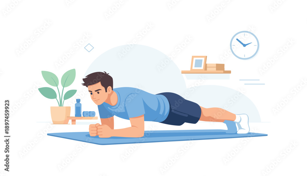 Obraz premium Man doing plank exercise on mat at home, flat vector illustration