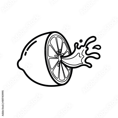 A halved lemon with juice splashing out, illustrated in black and white.
