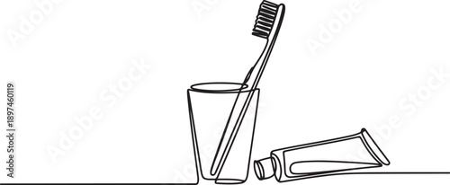 continuous one line drawing of a toothbrush in a cup a dental hygiene and bathroom accessory set.one line icon illustration in white Background.