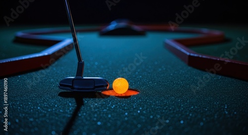 Miniature golf scene ball about to enter hole; putter poised; course glow
