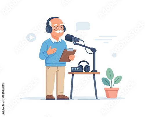 Elderly man podcasting with microphone and headphones, flat vector illustration