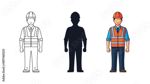 Set of construction worker icons outline, silhouette and full color illustration of male engineer in safety vest and hard hat
