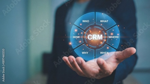 Businessman presenting CRM customer relationship management concept with hand