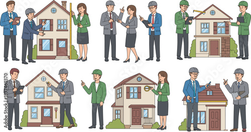 Real Estate Agents and Clients Illustration Set Showing Property Presentation, House Inspection, and Home Buying Process for Business Design
