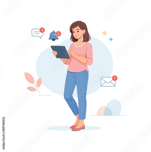 Woman checking notifications on tablet, flat vector illustration