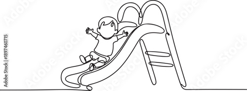 continuous single line drawing of toddler on slide, playground.one line icon illustration in white Background.