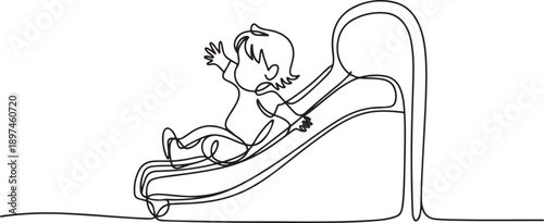 continuous single line drawing of toddler on slide, playground.one line icon illustration in white Background.