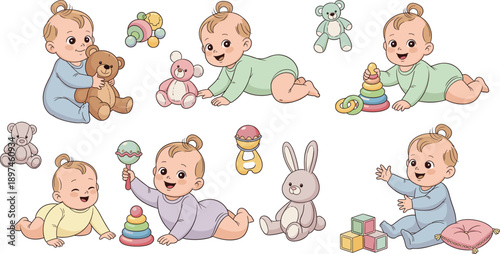 Cute Baby Playing Illustration Set Showing Infant with Toys, Teddy Bear, Rattle, and Blocks for Childhood and Nursery Design