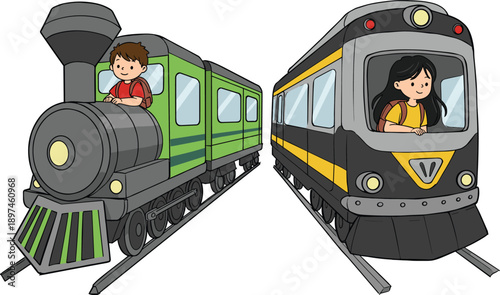 Old steam train with boy, modern passenger train with girl, childhood travel, transportation evolution, railway contrast, technology progress, vintage versus modern