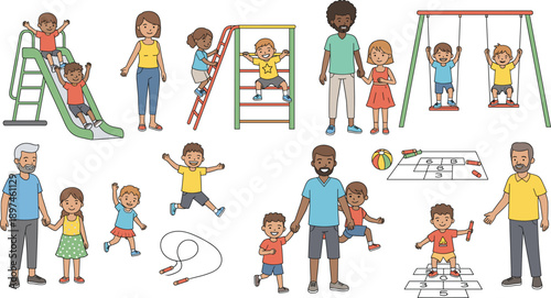 Parents and Children Playground Activities Illustration Set Showing Family Playing, Swinging, Sliding, and Outdoor Fun for Childhood Lifestyle Design