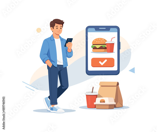 Man ordering fast food via smartphone, flat vector illustration