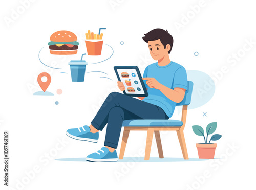 Man with tablet ordering fast food online, flat vector illustration