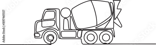 Cement mixer truck one continuous line design. Construction transport symbol vector. Decorative elements drawn.one line icon illustration in white Background.