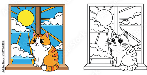 Cute cat sitting on window sill vector illustration with coloring book page outline for kids education and activity