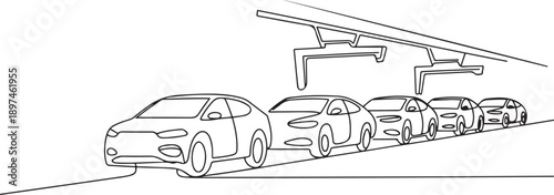 industrial car factory road back to back modern cars. one line Art icon drawing vector