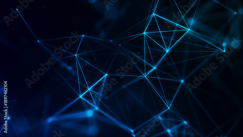 An abstract digital network of glowing nodes and connecting lines. The geometric shapes create a sense of depth and movement, evoking complex data structures and neural connections.