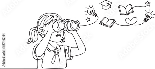 young little smart schoolgirl binoculars future vision education line art. one line Art icon drawing vector