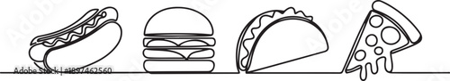 Fast food one line icons set. Continuous line drawing of hot dog burger, tacos, pizza.one line icon illustration in white Background.