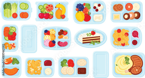 Plastic Food Containers Illustration Set with Fruits, Vegetables, Meals, Desserts, and Lunch Boxes for Healthy Eating and Meal Prep Design