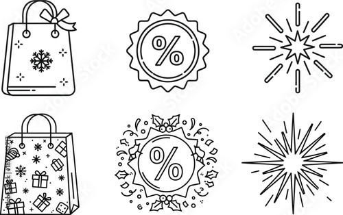 Line Art Vector Icon Collection for Holiday Sales and Festive Shopping Promotions featuring Discount Badges, Gift Bags, and Celebration Starbursts