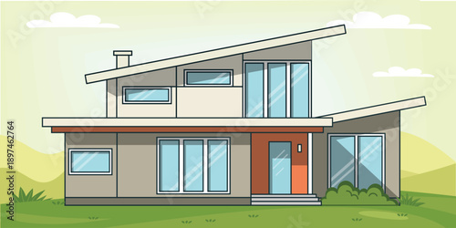 Modern glass house exterior vector with green landscape setting. Clean architectural style ideal for eco housing concepts, real estate marketing, and modern living illustrations.
