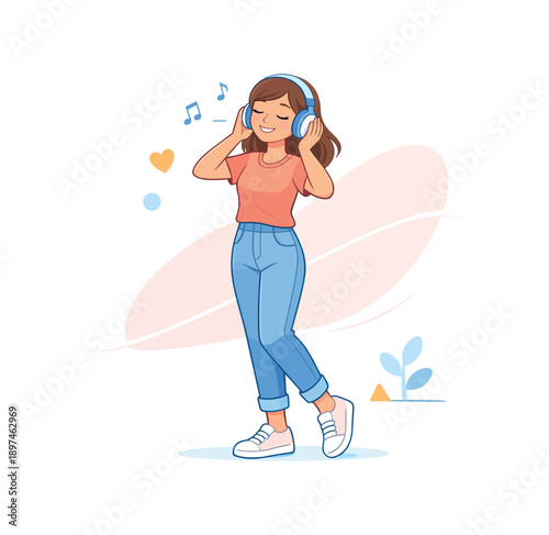 Girl listening to music with headphones, flat vector illustration