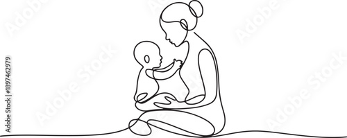 mother baby child relax together having fun sport yoga. one line Art icon drawing vector