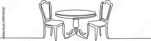 Garden chairs and table in continuous line art drawing style. Classic style dining room furniture black linear sketch isolated.one line icon illustration in white Background.