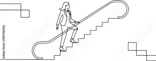 Beautiful woman going up by moving escalator. career ladder of an employee. one line Art icon drawing vector