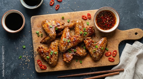 Appetizing Glazed Chicken Wings With Sesame Seeds And Chili Slices On A Wooden Board With Soy Sauce And Dipping Sauce